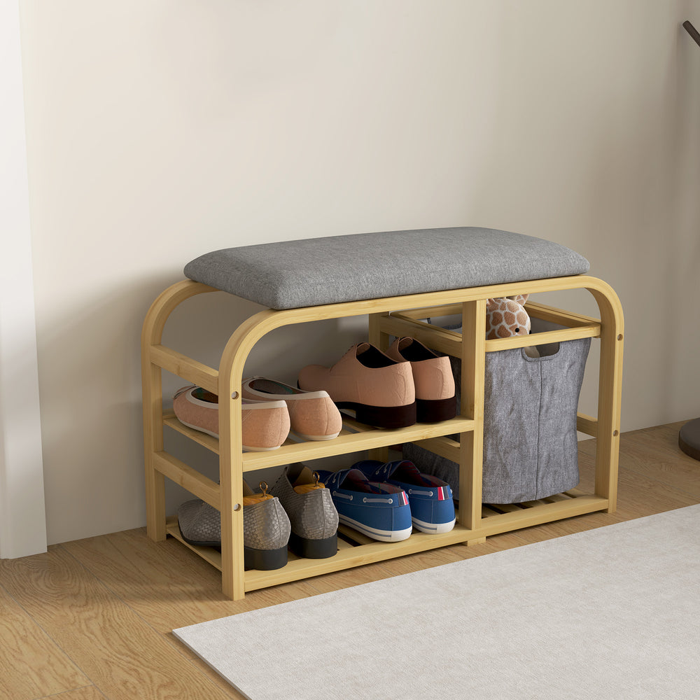 Bamboo entryway bench with shoe storage