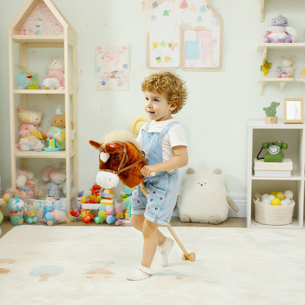 Plush horse with wooden wheels, whinnying and galloping sounds, brown