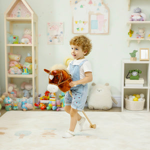 Plush horse with wooden wheels, whinnying and galloping sounds, brown