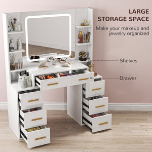 Dressing table with mirror and lighting, 7 drawers and 8 shelves, white