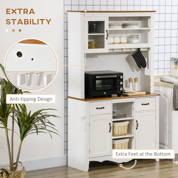 Country Style Kitchen Sideboard with Utility Drawer and 5 Tier Shelves, White