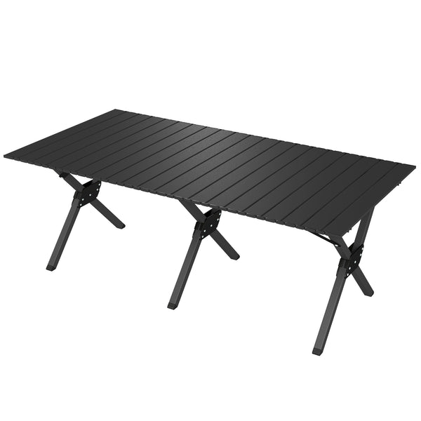 Waterproof foldable camping table with roll-up top and metal frame, black