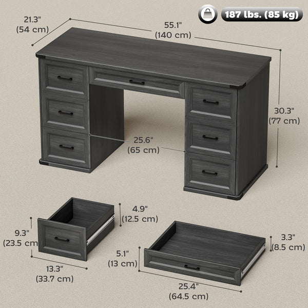 55" Computer Desk with 7 Drawers, Farmhouse Executive Desk for Home Office, Study, Bedroom, Black Wood Grain