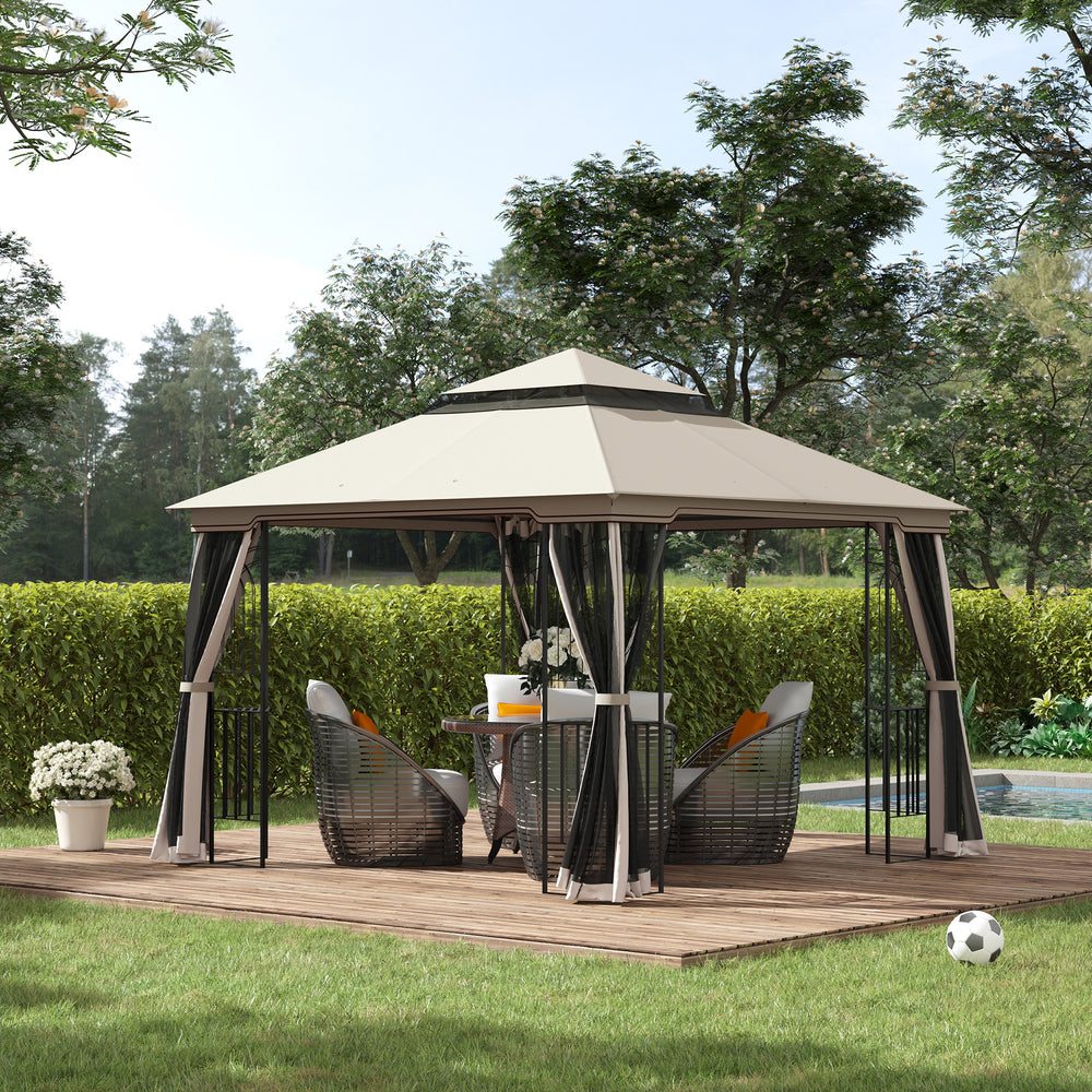 Gazebo beige 10'x10' avec toit souple à deux niveaux, rideaux en maille, étagères intégrées et crochets supérieurs pour accessoires