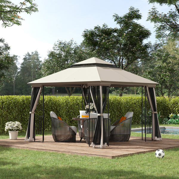 Gazebo beige 10'x10' avec toit souple à deux niveaux, rideaux en maille, étagères intégrées et crochets supérieurs pour accessoires