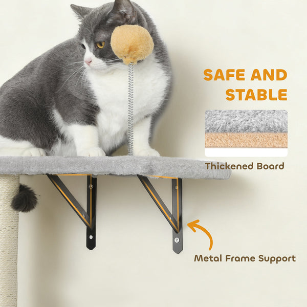Cat climbing wall with scratching posts, cat house, hammock and perches, light grey