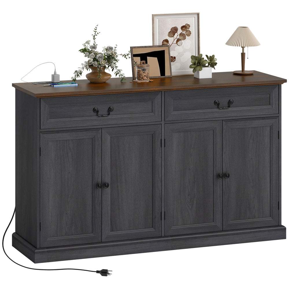 Farmhouse style buffet with charging station, 2 drawers and 2 adjustable shelves, gray wood finish