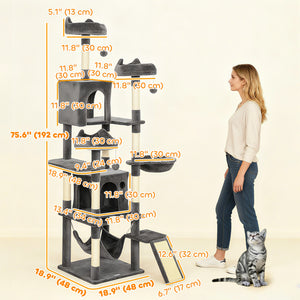 193cm Large Cat Tree for Indoor Cats with 8 Scratching Posts, 3 Soft Beds, 2 Hammocks, 2 Large Shelters and a Ramp, Dark Grey