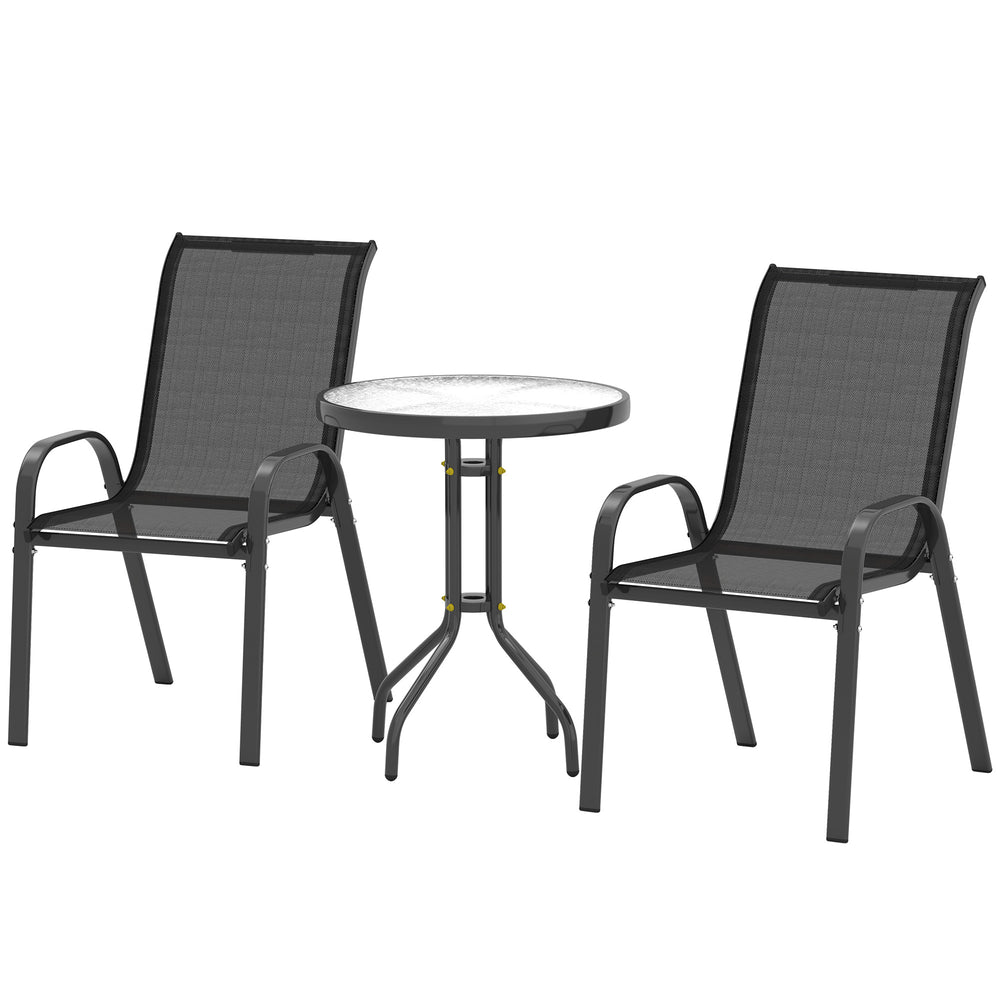 3 Pieces Bistro Set, Small Patio Furniture Set with Stackable Mesh Chairs, Glass Table for Garden, Balcony, Black