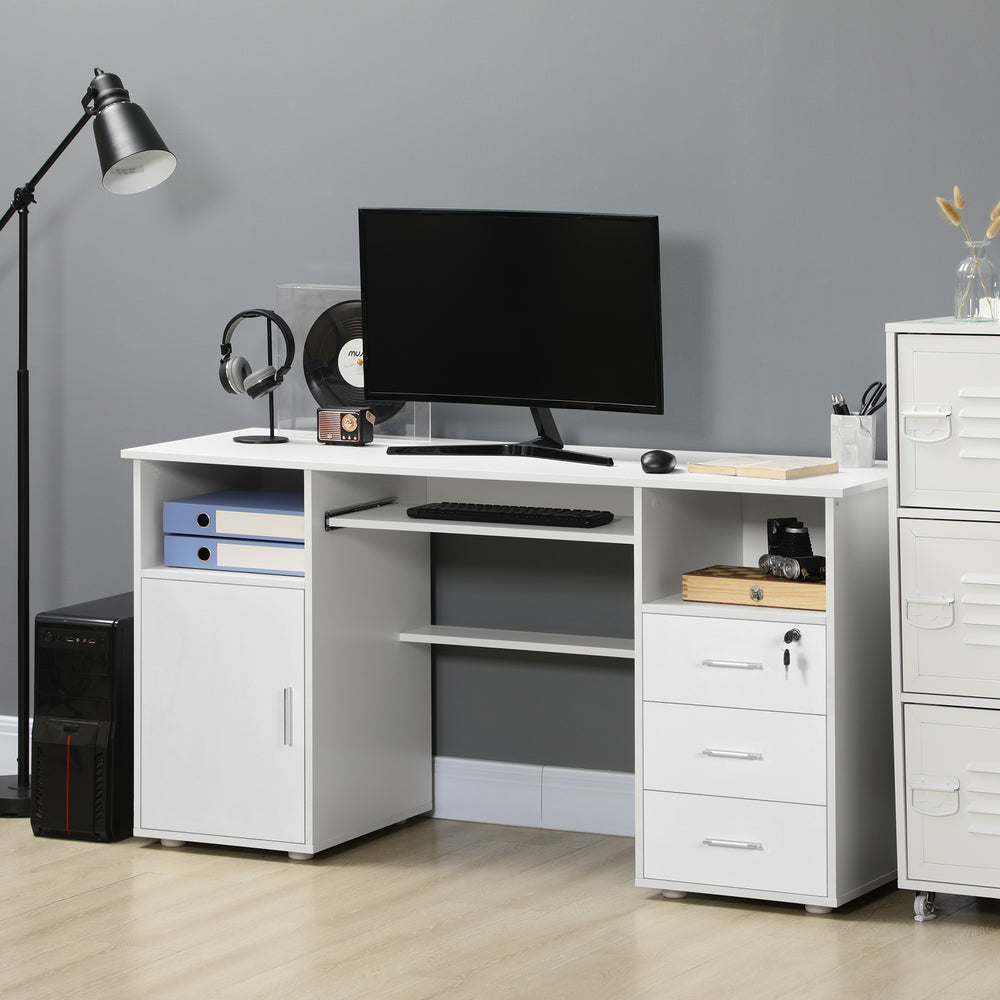 Computer desk with keyboard tray and drawers, white