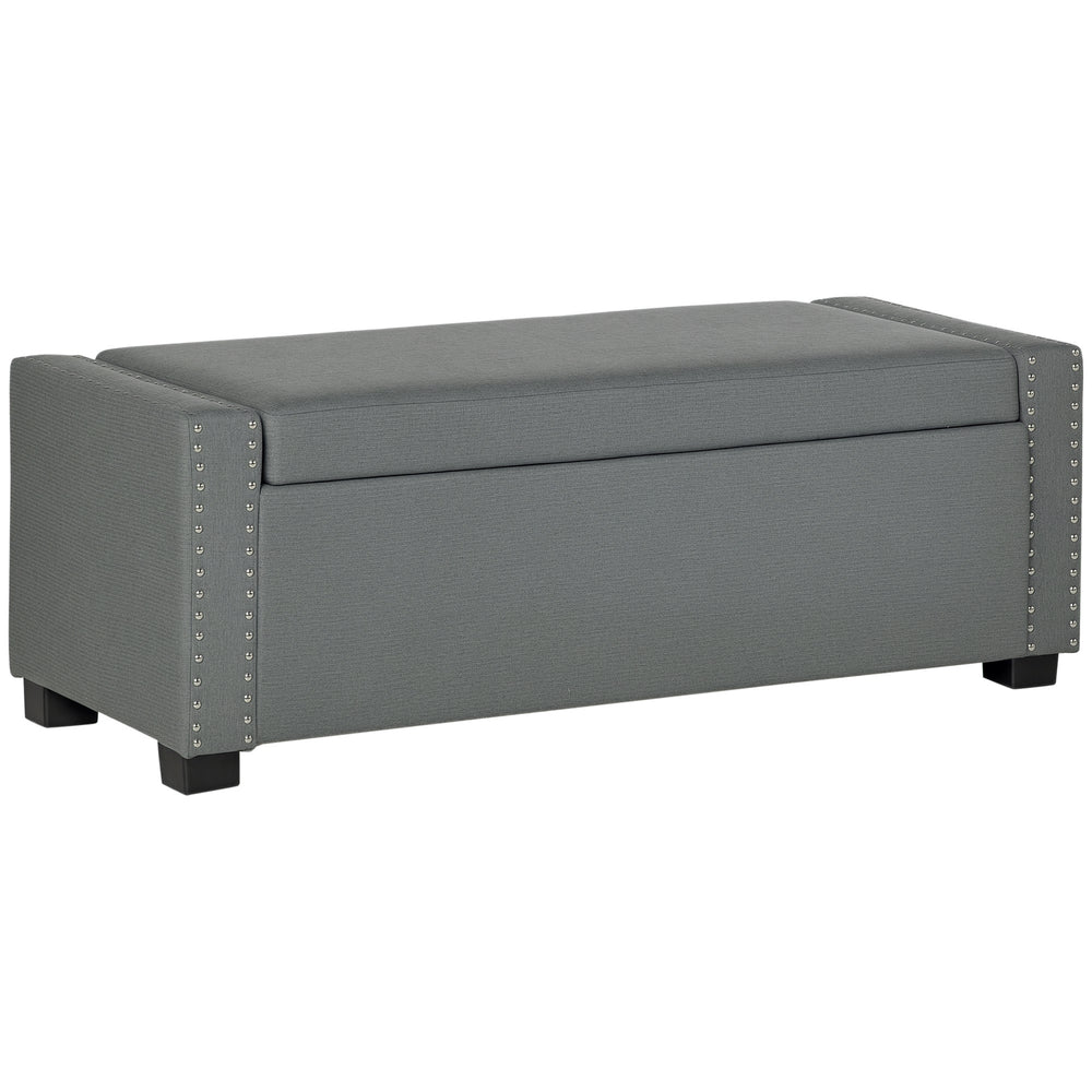 Folding storage bench upholstered in fabric, light gray