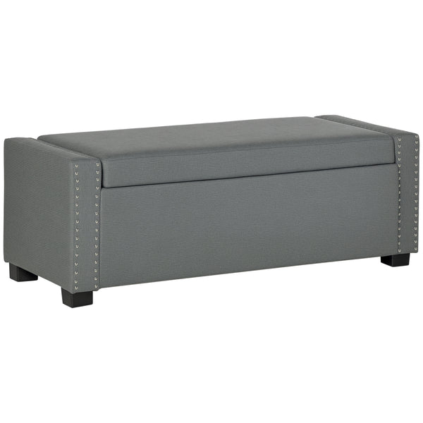 Folding storage bench upholstered in fabric, light gray