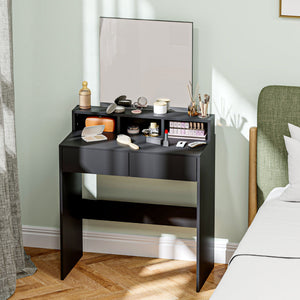Dressing table with mirror, drawers and compartments, black
