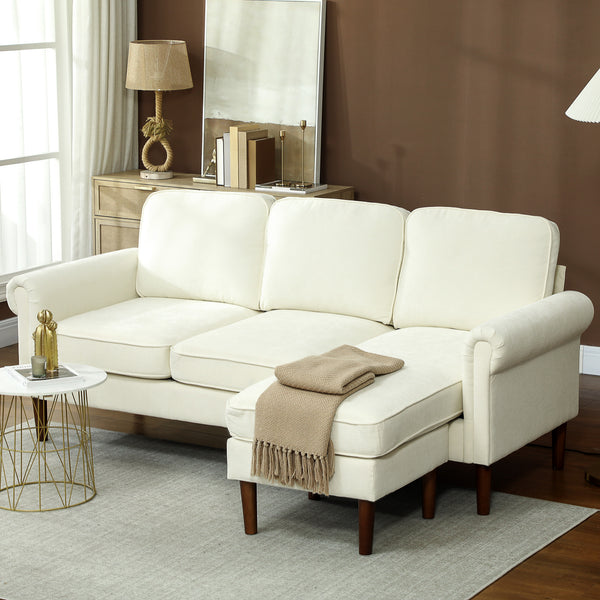Modern corner sofa with removable chaise longue, wooden legs, cream color