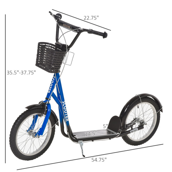 Scooter with adjustable handlebars, 2 brakes, cup holder basket, blue