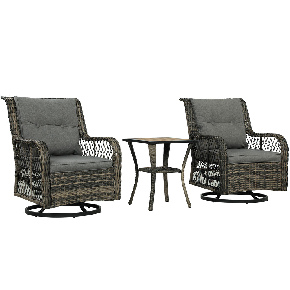 3 Piece Outdoor Bistro Set, Wicker Patio Furniture Set with Swivel Glider Chairs for Balcony, Porch, Grey