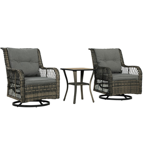 3 Piece Outdoor Bistro Set, Wicker Patio Furniture Set with Swivel Glider Chairs for Balcony, Porch, Grey
