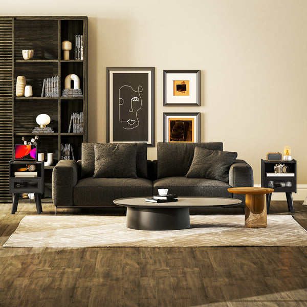 Set of 2 modern bedside tables with charging station, black