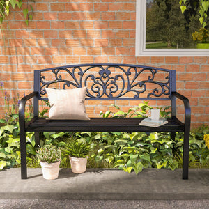Two-seater garden bench, floral pattern, black