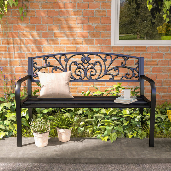 Two-seater garden bench, floral pattern, black