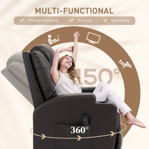Massage chair with 8 vibration points, swivel rocker recliner, brown