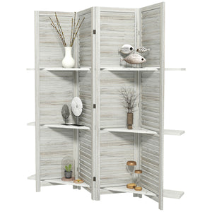 4-Panel Room Divider with 3 Storage Shelves, Distressed White