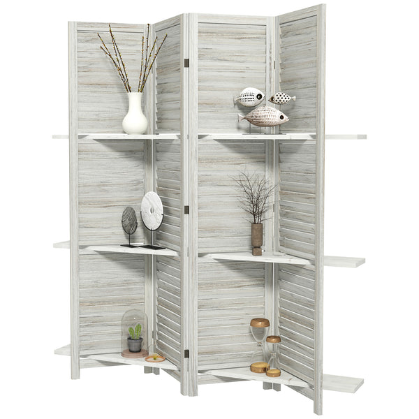 4-Panel Room Divider with 3 Storage Shelves, Distressed White