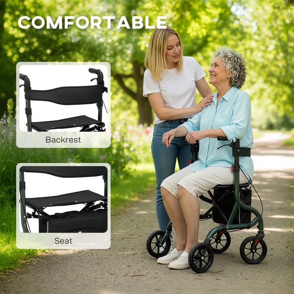 Foldable rollator walker with seat for seniors, lightweight with wheels, and adjustable handles, green