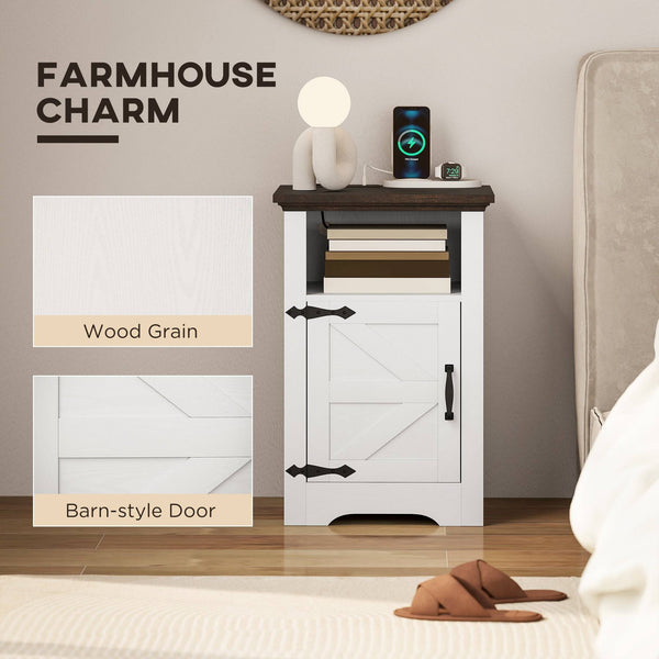 Set of 2 side tables, bedside tables with charging sockets, white