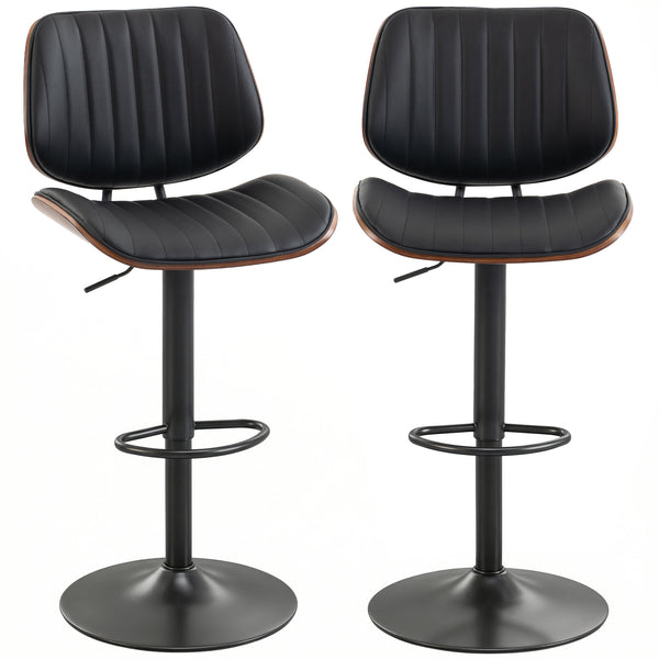 Set of 2 bar stools, swivel, with backrest, adjustable height, black