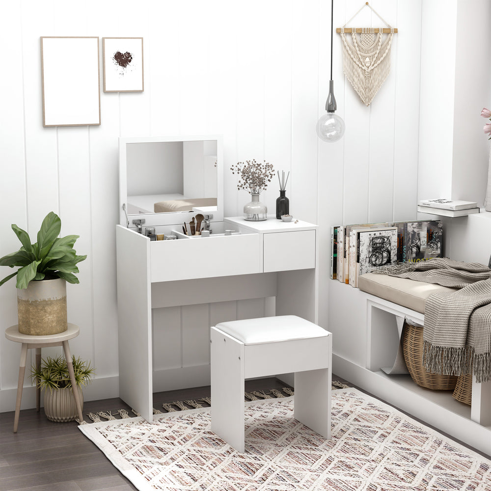 Modern dressing table with folding mirror and padded stool, white