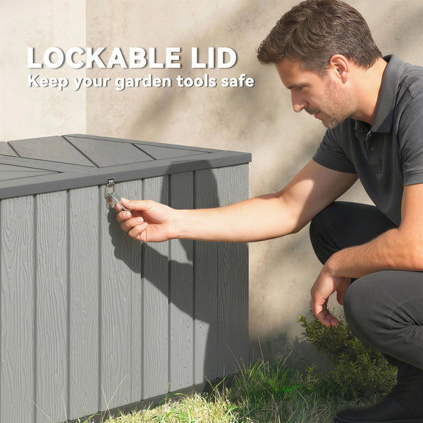 Large capacity outdoor storage box with lockable lid and gas struts.