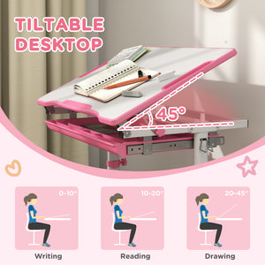 Height Adjustable Study Table and Chair Set with Drawer, Pink
