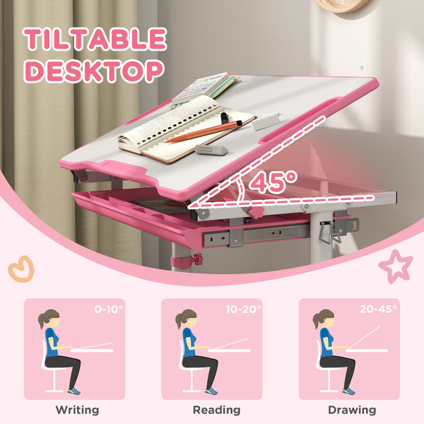 Height Adjustable Study Table and Chair Set with Drawer, Pink