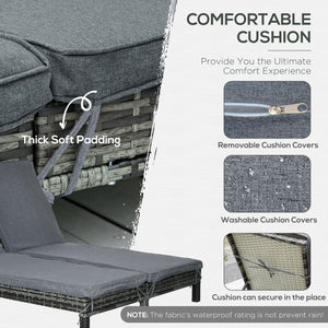 Double wicker chaise longue with adjustable backrest and cushions, black and grey