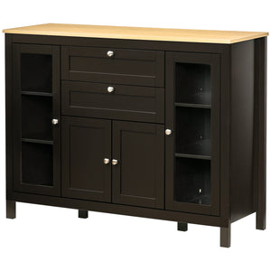 Sideboard with 2 drawers, 3 storage spaces, glass doors and adjustable shelves, dark brown