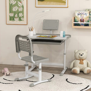 Height-adjustable desk and chair set with tilting top, gray