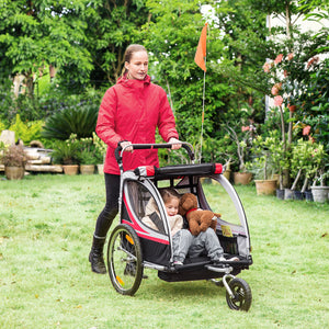 2-seater bicycle trailer with handbrake, 5-point harness, red