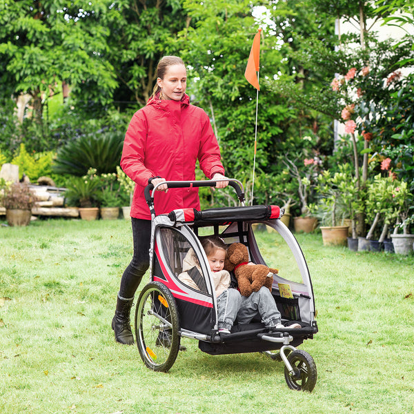 2-seater bicycle trailer with handbrake, 5-point harness, red