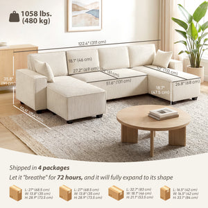 Modular U-shaped sectional sofa with double chaise longue and spring cushions, beige
