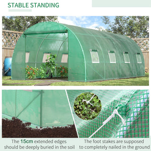 Tunnel greenhouse with roll-up zippered door, 8 mesh windows, green