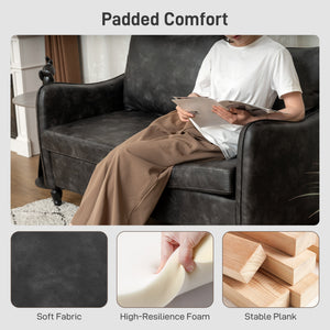 2 seater sofa with solid wood legs upholstered in faux leather, gray