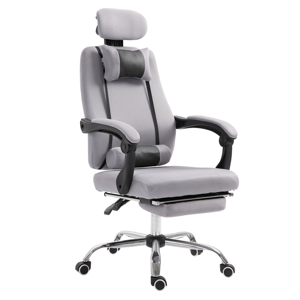 Ergonomic high-back office chair with footrest and lumbar support, grey