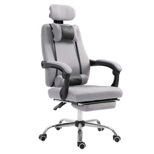 Ergonomic high-back office chair with footrest and lumbar support, grey