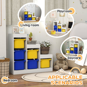3-Tier Storage Shelf with 6 Plastic Bins, Yellow and Blue