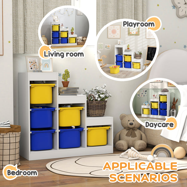 3-Tier Storage Shelf with 6 Plastic Bins, Yellow and Blue