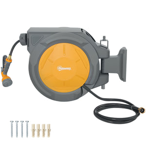 Retractable wall-mounted garden hose reel, orange.