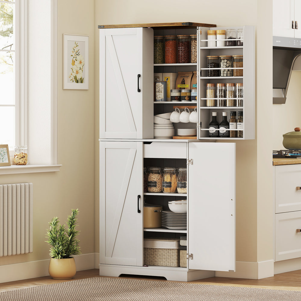 72-inch kitchen cabinet, country style, with 4 doors, one drawer, 8 shelves and one adjustable shelf, white.