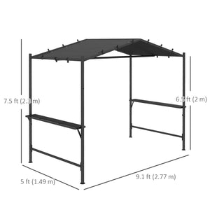 Barbecue shelter with steel frame and serving shelves, dark grey