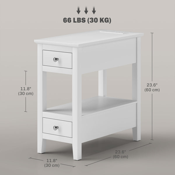 Narrow side table with charging station and USB ports, white